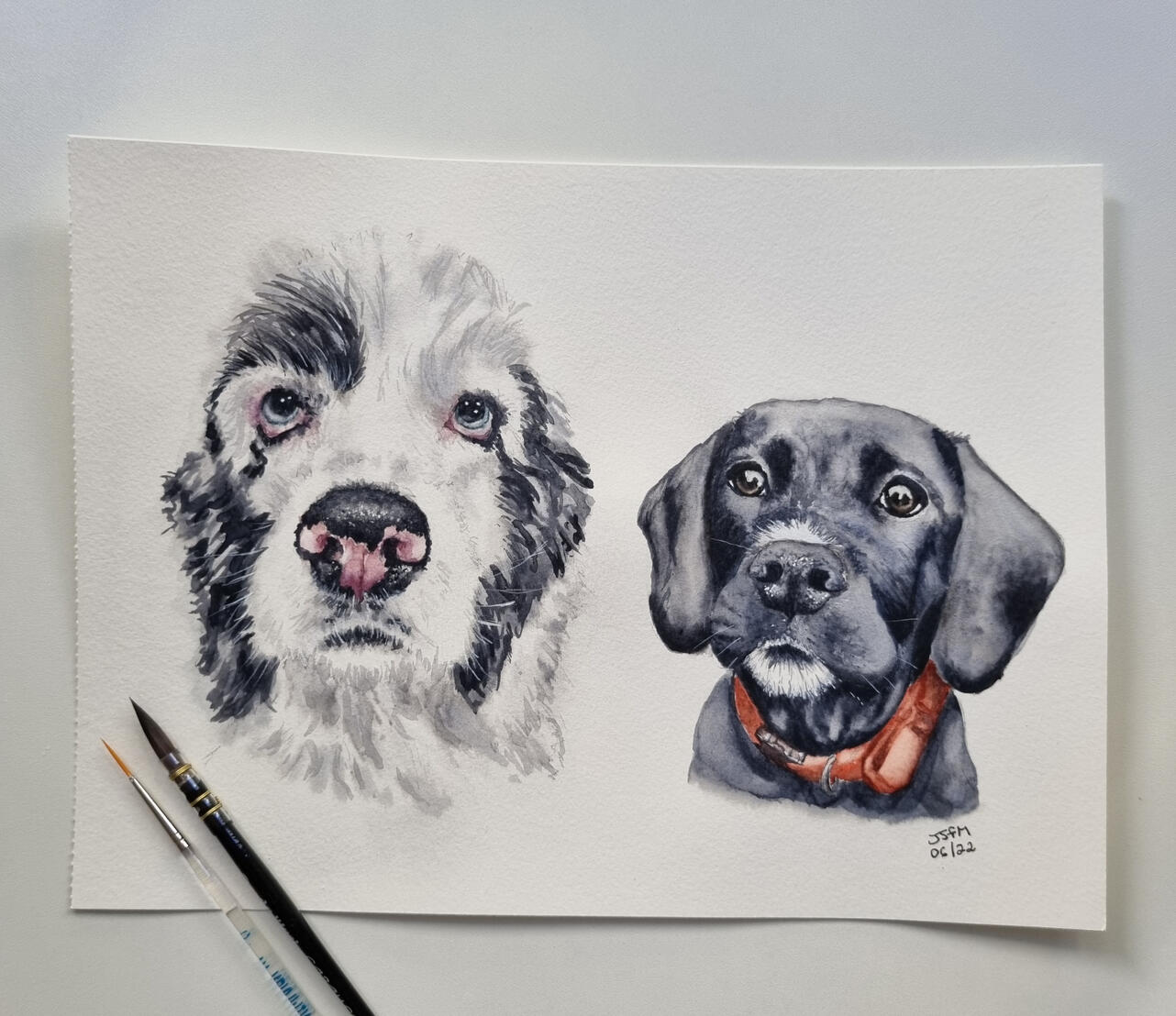 Aquarela personalizada de cachorros cocker spaniel e labrador preto filhote pintada à mão Aquarela personalizada de cachorros cocker spaniel e labrador preto filhote pintada à mão